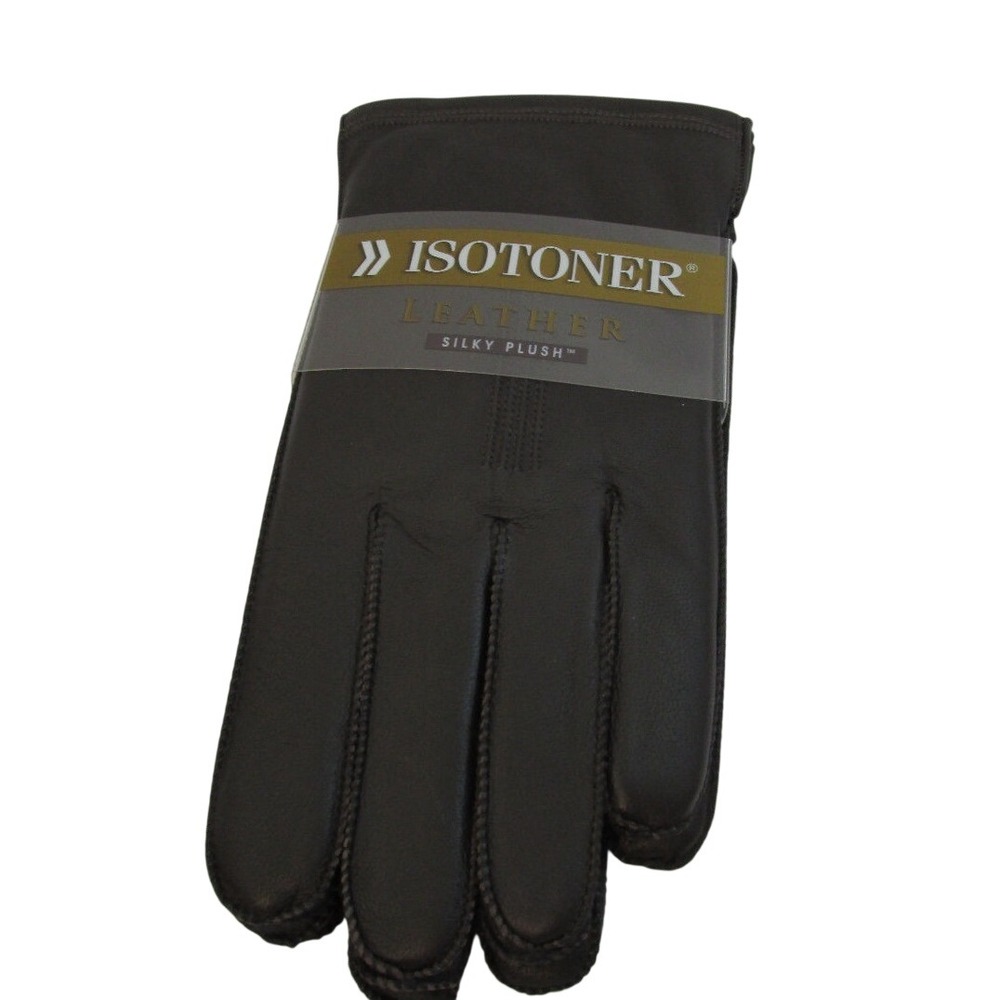 Isotoner Mens Brown Leather Gloves Silky Plush Faux Fur Lining  MD NWT